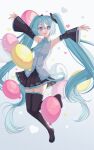  1girl absurdres aqua_hair aqua_necktie aqua_trim armpits arms_up balloon black_skirt blue_eyes blush boots breasts collared_shirt detached_sleeves grey_shirt hair_between_eyes hair_ornament hatsune_miku highres long_hair long_sleeves looking_at_viewer miniskirt necktie open_mouth pleated_skirt sharonda shirt simple_background skirt sleeveless sleeveless_shirt small_breasts smile solo thigh_boots twintails very_long_hair vocaloid white_background wide_sleeves zettai_ryouiki 