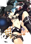  absurdres aoi_sora-maru arm_cannon black_hair black_rock_shooter black_rock_shooter_(character) blue_eyes boots burning_eye chain coat highres long_hair midriff navel shorts solo twintails unzipped wardrobe_malfunction weapon 