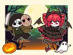  2girls absurdres black_dress brown_hair brown_jacket brown_pants chibi chibi_only cosplay demon_horns demon_tail demon_wings dress drill_hair fang fang_out frilled_dress frills full_moon ghost green_shirt halloween highres hockey_mask holding_machete horns jack-o&#039;-lantern jacket jason_voorhees jason_voorhees_(cosplay) kasane_teto machete mask moon multiple_girls outline outside_border pants red_eyes red_hair shirt synthesizer_v tail takulai torn_clothes torn_shirt twin_drills utau white_outline wings yi_xi_(synthesizer_v) 