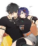  1boy 1girl belle_(zenless_zone_zero) black_hair black_shirt black_sweater black_thighhighs blue_hair breasts closed_mouth commentary_request couch dog_tags earrings green_eyes grey_skirt hair_between_eyes hair_ornament heart highres jewelry lighter_(zenless_zone_zero) long_sleeves necklace one_eye_closed scar scar_on_arm shirt short_hair short_sleeves simple_background single_thighhigh sitting sitting_on_lap sitting_on_person skirt sweater tatumin13 thighhighs torn_clothes torn_shirt turtleneck turtleneck_sweater zenless_zone_zero 