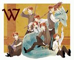  6+boys arm_at_side arm_support arm_up bangs bill_weasley black_footwear book broom brother_and_sister brothers carrying_over_shoulder charlie_weasley childlock collared_shirt dragon eye_contact fred_weasley george_weasley ginny_weasley glasses grin hand_up hands_on_own_cheeks hands_on_own_face harry_potter head_rest holding holding_book knee_up laughing long_sleeves looking_at_another male_focus multiple_boys necktie open_book outstretched_arm pants parted_lips percy_weasley profile reaching red_eyes red_hair ron_weasley shirt shoes siblings sitting sleeves_rolled_up smile standing stool striped striped_neckwear sweat sweater twins untucked_shirt white_shirt 