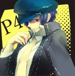  androgynous blue_eyes blue_hair breasts cabbie_hat cleavage hat jacket looking_down no_bra open_clothes open_shirt persona persona_4 popped_collar reverse_trap school_uniform shirogane_naoto shirt short_hair small_breasts solo tyuraba 