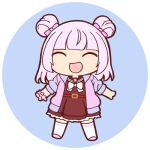  1girl :d ^_^ assault_lily belt belt_buckle blue_background blunt_bangs bow bowtie brown_sailor_collar buckle chibi closed_eyes commentary double_bun facing_viewer frilled_skirt frills full_body hair_bow hair_bun hands_up jacket kanba_girls_high_school_uniform light_blush long_hair lowres masaki_itsuki open_clothes open_jacket open_mouth outstretched_arms pink_bow pink_hair pink_scrunchie pink_shoes red_belt red_shirt red_skirt round_image sailor_collar school_uniform scrunchie serafuku shirt shoes simple_background skirt sleeves_pushed_up smile solo standing tamba_akari thighhighs transparent_background white_bow white_bowtie white_thighhighs wrist_scrunchie 