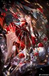  1girl absurdres brown_hair check_commentary commentary commentary_request copyright_request dress duoqing_tie_ban_shao flower hair_ornament hairpin high_heels highres holding holding_sword holding_weapon legs long_hair multiple_swords off-shoulder_dress off_shoulder red_dress red_eyes red_flower red_rose rose sword weapon weibo_username 