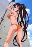  absurdres arm_up ass bikini black_hair breasts cloud day from_below highres kanzaki_kaori large_breasts lips long_hair looking_at_viewer looking_back non-web_source nyantype official_art parted_lips ponytail purple_eyes showering skindentation sky solo swimsuit tanaka_yuuichi to_aru_majutsu_no_index very_long_hair 
