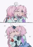 &gt;_&lt; 2girls blue_shirt blush closed_mouth commentary daitiki_0000 evernight_(honkai:_star_rail) hashtag-only_commentary heart highres honkai:_star_rail honkai_(series) kiss kissing_cheek long_hair march_7th_(honkai:_star_rail) multiple_girls one_eye_closed pink_eyes pink_hair selfcest shirt simple_background smile spoken_heart white_background yuri 