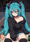  1girl absurdres aqua_eyes aqua_hair aseprite_(medium) bags_under_eyes black_hoodie black_thighhighs collarbone cup_ramen hair_between_eyes hatsune_miku highres hood hoodie indoors long_hair looking_at_viewer monster_energy off_shoulder pixel_art shorts sitting skindentation sleeves_past_wrists solo thighhighs twintails very_long_hair vocaloid yumykon 