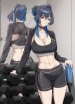  1girl :d absurdres alternate_costume alternate_hairstyle black_choker black_hair black_jacket black_shorts black_sports_bra blue_eyes blue_hair bottle breasts choker colored_inner_hair commentary_request cropped_jacket double-parted_bangs dumbbell full_body grin gym hair_between_eyes hair_bun hair_flaps hair_intakes half_updo highres holding holding_bottle hololive hololive_english indoors jacket korean_commentary large_breasts looking_at_viewer median_furrow midriff mirror multicolored_hair navel ouro_kronii reflection shoes short_hair_with_long_locks short_shorts shorts sidelocks single_hair_bun skin_tight smile sneakers socks solo sports_bra tile_floor tiles virtual_youtuber white_shoes white_socks zenya 