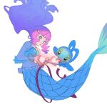  35kawaiiprpr antennae aqua_shirt arm_fins blue_eyes bracelet colored_sclera commentary_request fins frilled_shirt frills hair_flowing_over head_fins highres holding jewelry laura_la_mer_(mermaid) long_hair manaphy mermaid midriff monster_girl multicolored_shirt navel necklace pearl_hair_ornament pearl_necklace pink_hair pink_ribbon pokemon pokemon_(creature) precure ribbon shirt sidelocks simple_background swimming tropical-rouge!_precure white_background yellow_sclera 