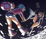  baseball_bat battle blonde_hair blue_hair door duel goggles inline_skates katana mariel_cartwright multiple_girls ramona_v_flowers roller_skates roxanne_richter scott_pilgrim scott_w_pilgrim short_hair shorts skates sword weapon 