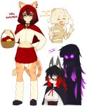  4girls :d absurdres aeiou_(yoako) animal_ear_fluff animal_ear_piercing animal_ears animal_nose apple arrow_(symbol) bandages basket black-framed_eyewear black_cape black_choker black_hair black_shoes black_skin blue_eyes body_fur borrowed_character cape capelet cat_ears cat_girl cat_tail center_frills choker colored_skin commentary constricted_pupils crossed_bangs double_v egg_(lemyawn) enderman english_commentary english_text food frills fruit furry furry_female glasses glowing glowing_eyes gradient_hair grin hair_between_eyes hair_ornament hair_over_breasts hand_on_own_hip highres holding holding_basket hood hood_up hooded_capelet jupiter_symbol leg_warmers long_hair midriff minecraft monster_girl multicolored_hair multiple_girls naked_bandage navel nervous_smile nervous_sweating open_mouth original personification pleated_skirt power_symbol-shaped_pupils purple_eyes red_capelet red_eyes red_hair red_skirt sharp_teeth shirt shoes short_hair simple_background skirt slime_girl smile sweat symbol-shaped_pupils tail teeth tied_shirt two-tone_hair v white_background x_hair_ornament yoako 