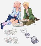  2boys 2girls alternate_costume antenna_hair arm_support basil_(birthday)_(omori) basil_(faraway)_(omori) basil_(omori) black_eyes black_hair black_shoes black_skirt blonde_hair blue_card blue_eyes blue_nails book brown_pants brown_shoes cardigan chibi collarbone collared_shirt flower green_cardigan grey_eyes grin hair_flower hair_ornament heterochromia highres holding holding_book holding_photo honkai:_star_rail honkai_(series) long_sleeves looking_at_another march_7th_(honkai:_star_rail) multiple_boys multiple_girls omori open_mouth pants photo_(object) pink_hair scrapbook seiza shirt shoes short_hair sitting skirt smile socks speech_bubble spoilers stelle_(honkai:_star_rail) sunny_(omori) teeth thought_bubble trailblazer_(honkai:_star_rail) umilini2 upper_teeth_only white_shirt white_socks 