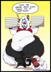 2025 anthro belly beverage big_belly bottle bottomwear box canid canine canis clothing container deep_navel deon_(deonwolf) deonwolf digital_media_(artwork) duo english_text eyes_closed fangs fur hair hi_res male mammal navel obese obese_anthro obese_male open_mouth overweight overweight_anthro overweight_male pants pizza_box shirt soda soda_bottle speech_bubble teeth text thick_thighs topwear white_body white_fur white_hair wolf