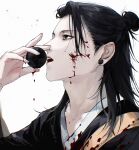  1boy absurdres ball black_eyes black_hair black_kimono blood blood_on_clothes blood_on_face blood_on_hands blood_splatter chinese_commentary collarbone earrings getou_suguru hair_bun hair_pulled_back half_updo hand_up highres holding holding_ball japanese_clothes jewelry jujutsu_kaisen kesa kimono long_hair looking_to_the_side looking_up male_focus nidexintu open_mouth profile simple_background single_hair_bun solo teeth upper_body white_background 