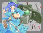  :&lt; annoyed backpack bag blue_eyes blue_hair breasts colored_eyelashes eyelashes hair_bobbles hair_ornament hat kawashiro_nitori key large_breasts mechanical_arm navel niji_sugi short_hair solo touhou twintails two_side_up wrench 