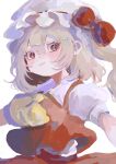  1girl absurdres ascot blush closed_mouth flandre_scarlet frilled_hat frills hair_between_eyes hat highres medium_hair mob_cap one_side_up puffy_short_sleeves puffy_sleeves red_eyes red_skirt red_vest shirt short_sleeves simple_background skirt smile solo touhou twitter_username user_vmpx4348 vest white_background white_hat white_shirt yellow_ascot 