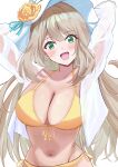  absurdres arms_behind_head bikini blonde_hair blue_archive blush breasts flower green_eyes halterneck hat highres large_breasts long_hair looking_at_viewer navel nekka_(87398o9514) nonomi_(blue_archive) nonomi_(swimsuit)_(blue_archive) official_alternate_costume open_clothes open_mouth open_shirt see-through_clothes shirt sun_hat swimsuit white_shirt yellow_bikini 