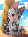  1girl animal_crossing animal_ears beach bikini black_eyes blush cat_ears cat_tail dagasi day fang furry furry_female highres lolly_(animal_crossing) open_mouth outdoors sitting sky solo striped_tail swimsuit tail 