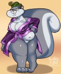 animaniacs anthro belly big_belly big_breasts big_butt big_tail breasts butt clothing english_description female fur glistening glistening_body gothycollie green_eyes grey_body grey_fur hand_on_hip hat headgear headwear hi_res looking_at_viewer mammal navel nipple_outline orange_background overweight overweight_anthro overweight_female robe rodent sciurid simple_background slappy_squirrel solo standing tail thick_thighs tree_squirrel warner_brothers