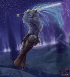 anthro armor belly blaidd_(elden_ring) bottomwear canid canine canis clothing detailed_background digital_media_(artwork) elden_ring fight fromsoftware fur gazuki hi_res holding_object holding_weapon male mammal melee_weapon muscular muscular_anthro muscular_male nipples nude pecs scar solo sword weapon wolf