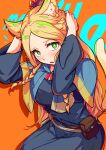  1girl animal_ear_fluff animal_ears belt_pouch blonde_hair blue_capelet blue_robe blush braid breasts bright_pupils capelet commentary_request cowboy_shot dungeon_meshi green_eyes hands_on_own_head highres karan_koron100 kemonomimi_mode long_hair long_sleeves looking_at_viewer marcille_donato open_mouth orange_background parted_bangs pouch robe solo tail white_pupils 