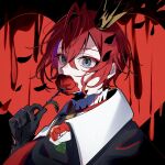  1boy antenna_hair black_gloves commentary covered_mouth crown eyeshadow flower frilled_shirt_collar frills gloves grey_eyes hair_between_eyes hakobiyaa highres holding holding_flower looking_at_viewer makeup male_focus mini_crown portrait red_eyeshadow red_flower red_hair riddle_rosehearts short_hair solo twisted_wonderland 