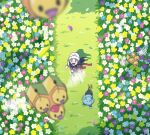  1girl bag blue_flower blue_hair blurry combee commentary_request dawn_(pokemon) dot_nose eyelashes field flower flower_field grass hat holding holding_bag long_hair looking_up motion_blur mutou610 open_mouth outdoors path pokemon pokemon_(creature) pokemon_dppt purple_flower red_scarf scarf shinx smile white_flower white_hat yellow_eyes yellow_flower 