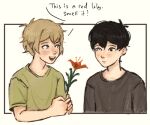 2boys alternate_costume antenna_hair basil_(faraway)_(omori) basil_(omori) black_eyes black_hair black_shirt blonde_hair blue_eyes collarbone english_text flower green_shirt heterochromia lily_(flower) looking_at_another male_focus multiple_boys omori open_mouth shirt short_hair short_sleeves sidelocks smile speech_bubble spoilers sunny_(omori) t-shirt teeth umilini2 upper_teeth_only white_eyes 