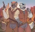 2025 anthro belt black_hair black_sclera blue_hair bottomwear brown_body brown_fur chaps cigar clothing denim denim_bottomwear denim_clothing duo ear_piercing facial_hair fur gol1ath grey_body grey_fur gun hair holding_gun holding_object holding_ranged_weapon holding_weapon hyena jeans male male/male male_anthro mammal muscular muscular_anthro muscular_male open_mouth orange_hair outside pants piercing ranged_weapon smile standing tail tan_body tan_fur teeth tongue weapon white_body white_fur