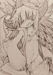  1other animal_ear_fluff animal_ears breasts commentary_request furry hat highres horns long_hair looking_at_viewer made_in_abyss mitsuba-sama_(milkba-ng) monochrome nanachi_(made_in_abyss) navel open_mouth sepia small_breasts solo tail traditional_media 