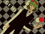  androgynous apple bad_id bad_pixiv_id bokuto checkered dutch_angle food formal frown fruit goggles goggles_on_head green_eyes green_hair green_nails gumi head_tilt nail_polish pant_suit short_hair solo suit vocaloid 