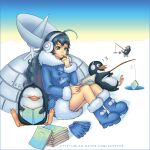  1girl ahoge bird blue_boots blue_coat blue_eyes blue_gloves blue_hair blue_sleeves blush book boots chair coat commentary_request cross-laced_coat earmuffs egloo-tan egloos finger_to_mouth fishing fishing_rod folding_chair full_body fur-trimmed_boots fur-trimmed_coat fur_sleeve_cuffs fur_trim gas_mask gloves gradient_sky holding holding_fishing_rod igloo knees_together_feet_apart korean_commentary lips long_hair long_sleeves manga_(object) mask open_book outdoors penguin sitting sky sleeping sleeve_cuffs snow snow_shelter surprised unworn_gloves very_long_hair wavy_hair xcerver zzz 