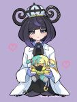  1girl black_dress black_hair black_pantyhose blue_gloves blunt_bangs blush bob_cut canari_(pokemon) canari_plush_(pokemon) character_doll coat commentary_request doll dress eyelashes gloves gradient_hair gwynn_(pokemon) hat heart highres holding holding_doll long_sleeves looking_at_viewer multicolored_hair open_clothes open_coat pantyhose parted_lips partially_fingerless_gloves pokemon pokemon_legends:_z-a purple_eyes purple_hair saki_pokeoekaki short_hair sitting solo stuffed_toy wariza white_coat 