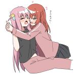  2girls :d =_= black_shirt black_skirt blush bocchi_the_rock! borrowed_clothes closed_eyes cube_hair_ornament gotoh_hitori hair_between_eyes hair_ornament haru_(konomi_150) heart highres holding_hands interlocked_fingers jacket kita_ikuyo long_hair multiple_girls one_side_up open_mouth pants pink_hair pink_jacket pink_pants pleated_skirt red_hair shirt skirt smile translated trembling very_long_hair wavy_mouth yellow_eyes yuri 