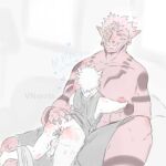 4_arms 4_eyes black_clothing black_markings blue_text bottomless cloacal cloacal_penetration clothed clothing duo ear_piercing elf face_on_chest gojo_satoru hair heart_symbol humanoid intersex intersex/male looking_down male maleherm markings multi_arm multi_eye multi_limb object_penetration on_lap orc penetration piercing pink_hair puppetmaster13uwu red_eyes shaking shirt shirt_only shorts_only sketch sukuna_(jujutsu_kaisen) tank_top tank_top_only text topless topwear topwear_only tremble_lines trembling tusks white_hair