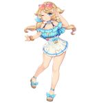  1girl animal_ears artist_request bangle bare_legs blonde_hair blue_bow blue_choker blue_dress blue_eyes blue_one-piece_swimsuit blue_sandals bow bracelet breasts choker cleavage cleavage_cutout clothing_cutout commentary_request dress dress_swimsuit english_commentary eyewear_on_head floating_hair foot_up footwear_bow frilled_choker frilled_dress frilled_one-piece_swimsuit frills full_body hair_ribbon hair_tie hand_up heart_cutout jewelry king&#039;s_raid korean_commentary medium_breasts mixed-language_commentary multicolored_dress multicolored_swimsuit off-shoulder_dress off-shoulder_one-piece_swimsuit off_shoulder official_alternate_costume official_art one-piece_swimsuit one_eye_closed outstretched_arm pearl_hair_ornament polka_dot polka_dot_bow red_bow ribbon rodina_(king&#039;s_raid) sandals second-party_source simple_background smile solo strap striped_clothes striped_one-piece_swimsuit sunglasses swimsuit twintails white_background white_dress white_one-piece_swimsuit yellow_bow 