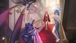  3girls absurdres ako_(blue_archive) ako_(dress)_(blue_archive) alternate_breast_size_(larger) aru_(blue_archive) aru_(dress)_(blue_archive) backless_dress backless_outfit bag bare_back black_bag black_halo black_horns black_shoes blue_archive blue_dress blue_eyes blue_hair blue_halo bow breasts closed_mouth coat commentary cup demon_horns demon_wings dress dunnie1130 elbow_gloves full_body gloves halo hand_in_own_hair hand_up handbag hashtag-only_commentary high_heels highres hina_(blue_archive) hina_(dress)_(blue_archive) holding holding_bag holding_cup horns indoors large_breasts long_hair looking_at_viewer looking_back low_wings medium_breasts multiple_girls official_alternate_costume on_stairs parted_lips pink_halo purple_bow purple_dress purple_eyes purple_gloves red_coat red_dress red_hair shoes sideboob sideless_dress smile stairs strapless strapless_dress white_hair wings 