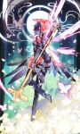  1girl android armband artist_name black_hair bug butterfly colorful_background commentary detached_wings falling_petals field floating flower flower_field from_behind full_body highres holding holding_polearm holding_weapon ilyscia looking_at_viewer looking_back mask metis_(persona) persona persona_3 persona_3_reload persona_3_the_answer petals polearm red_armband red_eyes red_mask s.e.e.s short_hair signature solo unworn_mask weapon wings yellow_flower yellow_petals 