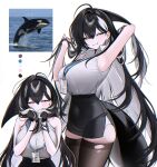  1girl adjusting_hair ahoge animal_ears armpits black_gloves black_hair black_skirt black_thighhighs breasts cetacean_tail colored_inner_hair covered_navel fins fish_tail gloves grin hair_between_eyes half_gloves haze_(7h4ze) highres holding holding_own_hair huge_breasts lanyard long_hair looking_at_viewer multicolored_hair multiple_views orca orca_girl original parted_lips reference_inset shirt simple_background skirt sleeveless smile tail thighhighs torn_clothes torn_thighhighs white_background white_hair white_shirt 