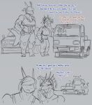 abs anthro chibi dragon english_text female fish group hi_res hybrid lagomorph leporid litehase male mammal marine monochrome muscular mythological_creature mythological_scalie mythology rabbit scalie shark size_difference sketch text trio truck vehicle