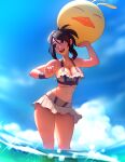  1girl ball bare_shoulders beach beachball bikini bikini_skirt black_hair blue_sky breasts chocobo cleavage cloud cloudy_sky feet_out_of_frame final_fantasy final_fantasy_vii final_fantasy_vii_rebirth final_fantasy_vii_remake flower hair_flower hair_ornament hair_up halterneck highleg highleg_bikini highres holding holding_ball holding_beachball large_breasts long_hair looking_to_the_side miniskirt navel ocean official_alternate_costume official_alternate_hairstyle open_mouth outdoors partially_submerged pleated_skirt skirt sky solo standing stomach swimsuit thighs tifa_lockhart tifa_lockhart_(shining_spirit) tsuaii white_bikini wristband 