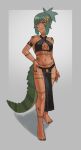  1girl absurdres amildbreeze aqua_eyes armband bare_shoulders barefoot black_armband body_markings breasts brown_nails chain collarbone crocodile_girl crocodilian_tail feet fingernails gold_chain green_hair green_scales grey_outline hair_ornament hand_on_own_hip highres lacerta_(amildbreeze) looking_at_viewer medium_hair messy_hair midriff nail_polish navel original outline ponytail reptile_girl revealing_clothes seductive_smile sharp_teeth small_breasts smile smirk smug solo tail tan teeth toenail_polish toenails toes two-tone_background white_background 