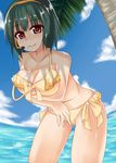  bikini green_hair hairband headset idolmaster idolmaster_(classic) kagami_yuu mole mole_under_mouth otonashi_kotori ponytail red_eyes short_hair solo strap_slip swimsuit 