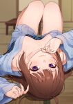  1girl ahoge arm_up bare_legs blue_kimono blue_sash blurry blurry_background blush breasts breasts_apart brown_hair chabudai cherry_blossom_print closed_mouth covered_nipples depth_of_field floral_print foreshortening from_above hand_to_own_mouth hand_up highres idolmaster idolmaster_million_live! idolmaster_million_live!_theater_days indoors japanese_clothes kamille_(vcx68) kimono knees_together_feet_apart knees_up long_hair long_sleeves looking_at_viewer lying medium_breasts no_bra off_shoulder on_back on_floor open_clothes open_kimono pink_nails print_kimono purple_eyes sash shy sidelocks sleeves_past_wrists solo sparkle table tatami thigh_gap thighs upside-down wide_sleeves yokoyama_nao 