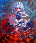  absurdres acrylic_paint_(medium) ama-tou braid danmaku gloves highres izayoi_sakuya knife maid maid_headdress red_eyes short_hair silver_hair smile solo thigh_strap touhou traditional_media twin_braids white_gloves 