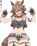  1girl ahoge animal_ears black_gloves black_hair black_shorts breasts brown_hair claw_pose cleavage cropped_jacket fingerless_gloves fur-trimmed_gloves fur-trimmed_shorts fur_trim gloves horse_ears horse_girl horse_tail looking_at_viewer messy_hair multicolored_hair navel purple_eyes sharp_teeth shinko_windy_(umamusume) shorts solo tail teeth toriga_naku umamusume white_background white_hair 
