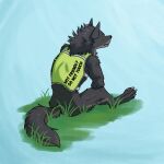 ambiguous_gender anthro canid canine claws clothing digital_drawing_(artwork) digital_media_(artwork) empty_eyes fangs fur grey_body grey_fur mammal mythological_canine mythological_creature mythology service_dog_harness simple_background sitting sitting_on_ground solo teeth text topwear url vest werecanid werecanine werecreature werewolf yellow_sclera zire9