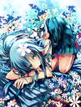 blue_eyes blue_hair flower hair_flower hair_ornament long_hair md5_mismatch original rain shino_(eefy) solo 
