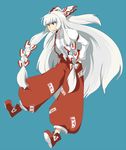  anime_coloring bad_id bad_pixiv_id bow fujiwara_no_mokou hair_bow hair_ribbon hands_in_pockets long_hair pants red_eyes ribbon sakana_kouzi silver_hair simple_background solo suspenders touhou very_long_hair 