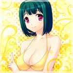  bad_id bad_pixiv_id bikini breasts green_hair hairband headset idolmaster idolmaster_(classic) large_breasts mole mole_under_mouth otonashi_kotori red_eyes short_hair smile solo swimsuit totokichi 